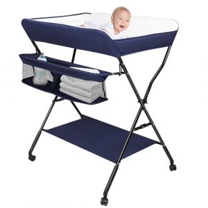 OHMG Commode à langer pliable, table à langer avec roulettes, table à langer mobile avec matelas à langer, ceinture de sécurité et compartiments de rangement, étanche et réglable en hauteur, stable (jusiZL, neuf)