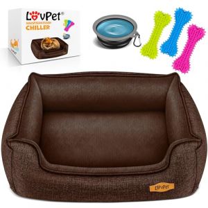 Lovpet® Coussin pour chien Chiller avec gamelle et 3 os à mâcher, canapé pour chiens de petite, moyenne et grande taille, housse amovible et lavable, XL, 110 x 75 x 27 cm, marron (WMK Trading GmbH, neuf)
