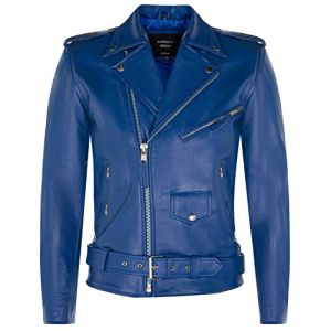 Infinity Leather Blouson Motard Brando en Cuir Bleu pour Homme Blouson en Peau de Vache Rétro Rock 2XL (Infinity Leather Collection, neuf)