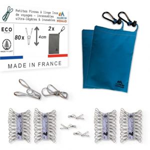 Dry Hard 80 Petites Pinces à Linge INOX avec 2 Panier Pince à Linge et Mousqueton. pour Buanderie, Fil à Linge, séchoir à Linge, Camping Accessoires, Vanlife. Epingle a Linge Solide, Durable, Nomade (eTAIL Distribution, neuf)
