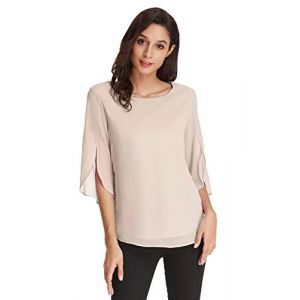 GRACE KARIN Femme Chemisier Casual Blouse d&eacute;contract&eacute; &eacute;l&eacute;gant Col Rond Trois-Quarts Manches Cape avec Fente Sexy en Mousseline de Soie &eacute;t&eacute; Ivoire,L,Ivoire (Zexxxy, neuf)