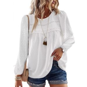TUUHAW Chemise Femme Chic et &Eacute;l&eacute;gant Automne Grande Taille Manches Longues Boh&egrave;me Top Col Rond Dentelle D&eacute;contract&eacute; Haut T-Shirts Fluide &agrave; Point Suisse Tunique Blanc XXL (TROFANO, neuf)