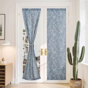 PONY DANCE Rideau Bleu Passe Tringle avec Motifs de Oiseaux et de Fleurs, Voilage Épais en Lin Decortaion Hobo pour Fenêtre Porte Salon Maison Chambre, L60xH240cm, 2 Panneaux, Bleu (RYB HOME EU, neuf)