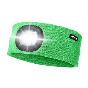 ATNKE LED Sport Bandeau,Rechargeable par USB Ultra-Lumineux 4 Lampe,Elastique Antid&eacute;rapant Bandeau Cheveux Sueur Absorbant pour Running Basketball Yoga Cyclisme Fitness/Vert Fluorescent (Memorye, neuf)