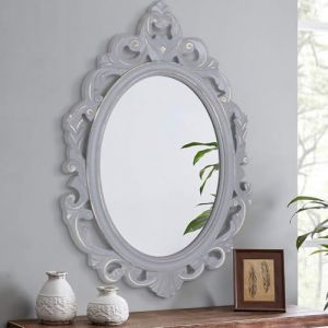 Lzuso Miroir ovale &agrave; suspendre avec cadre sculpt&eacute; gris - Miroir mural rustique vintage - Esth&eacute;tique pour meuble-lavabo, chambre &agrave; coucher, salon, entr&eacute;e, ferme, 61 x 40,6 cm (Kyucheng, neuf)