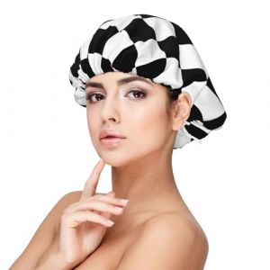 Bonnet de nuit noir et blanc &agrave; carreaux pour la protection des cheveux, bonnet de nuit pour femme et homme, bonnet de nuit en satin doux avec bande &eacute;lastique, noir, taille unique (zldxd0068, neuf)