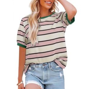 Cuptacc Chemise Femme La Vie Quotidienne Col Rond Manches Courtes Basique T-Shirt Femme &Eacute;t&eacute; L&eacute;g&egrave;re Doux &Agrave; Rayure Basique Grande Taille Tunique Beige Rose XXL (Cuptacc Flagship Shop, neuf)