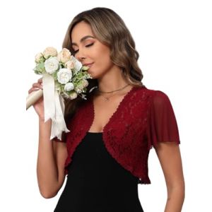 Bol&eacute;ro Femme Dentelle Gilet Veste Transparentes Cardigan Court Manches Courtes pour Robe Mariage T Shirt Bretelle Chic El&eacute;gante Soir&eacute;e F&ecirc;te D&eacute;contract&eacute; Bordeaux XL (Enjyam, neuf)