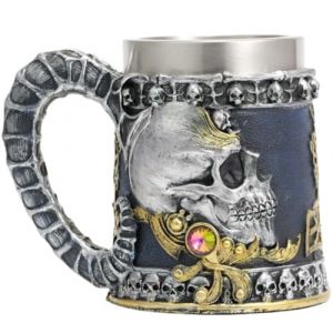 ZONSUSE Chope &agrave; Bi&egrave;re Gothique, Chope Crane Tete de Mort, Tasse de Cr&acirc;ne M&eacute;di&eacute;val, avec Manche en Corne D&eacute;moniaque, Cadeau Original pour Anniversaire, No&euml;l, Halloween, D&eacute;co gothique 600 ml (D&eacute;mon) (SUSEN-EU, neuf)