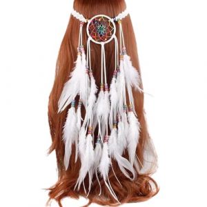 Bandeau avec plumes de paon - Bijou de t&ecirc;te hippie - Accessoire de cheveux fait &agrave; la main - Fascinator indien - Bijou de cheveux (blanc, taille unique) (jksmyx, neuf)