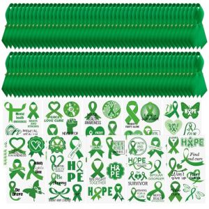 WANDIC Kit de sensibilisation à ruban vert, 100 épingles à ruban, 10 feuilles de tatouage temporaire pour la santé mentale pour les activités d'intérêt public (WANDIC FR, neuf)