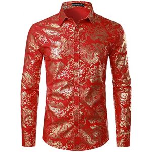 PARKLEES Chemise de luxe pour homme, imprimé élégant, coupe ajustée, boutonnée Motif cachemire doré brillant, Rouge, XXL (PARKLEES, neuf)