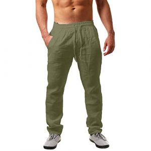 Pantalon Lin Homme Été Baggy Taille Elastique Pantalon Léger Confortable Respirant Blanc Pantaloncourt Large Décontracté Pants de Plage Fluide Uni Jogging Plage Yoga Sport (Chun-Guiyou（✿7~15 jours de livraison ✿), neuf)