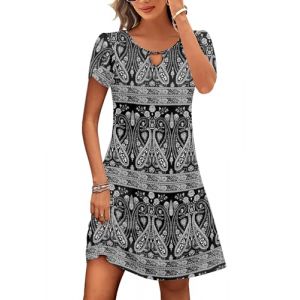 Zeagoo Femme Robe Mi Longue Imprimé Floral Robe Bohème Fleurie Manche Courte Robe de Plage Été Courte Robe Noire et Blanche M (Zeagoo direct, neuf)