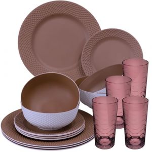 Service de table en m&eacute;lamine pour 4 personnes - 16 pi&egrave;ces - Aspect fa&iuml;ence &eacute;l&eacute;gant dans un ton rose chaud - Avec verre color&eacute; de 260 ml - Vaisselle de camping - Passe au lave-vaisselle - Pour (hummelladen, neuf)