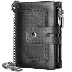 REETEE Portefeuille Homme en Cuir Véritable Blocage RFID Petit Porte Feuille Homme avec Chaîne, Bifold Porte Monnaie Homme 15 Porte Carte Crédit et 2 Poche Zippée, avec Boîte Cadeau (A-Noir) (REETEE, neuf)