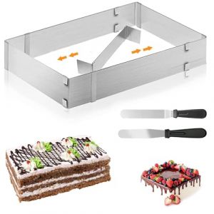 Cadre Patisserie Rectangulaire, Moule Rectangulaire Patisserie, Cadre Patisserie Extensible avec 2 Spatule Réglable Moule Gateau Carré pour petits et grands gâteaux et tartes (YEYI-BUY, neuf)