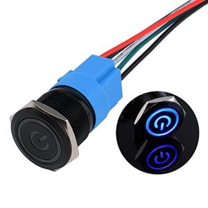 JIQI 22mm Interrupteur à bouton-poussoir en métal étanche à verrouillage, 12V à 24V 2A IP66 1NO 1NC, avec symbole d'alimentation LED, bouton poussoir noir pour voiture DIY Auto(Bleu) (LUBAN STORE, neuf)