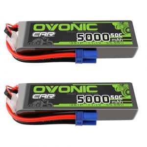 OVONIC Lot de 2 batteries Lipo 3S 11,1 V 5000 mAh 50 C avec cellules de prise EC5 pour voiture 1/8 et 1/10 RC FPV UAV RC bateau, avion, h&eacute;licopt&egrave;re, multirotor (OVONIC Direct, neuf)