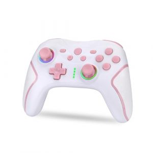 NK Manette Switch sans fil &ndash; Switch/OLED/Lite/Pro avec fonction Wake, r&eacute;glages macro, Bluetooth, 6 axes, fonction turbo, double choc, double vibration, LED indicateurs &ndash; Blanc et rose (ALTAUDIA, neuf)