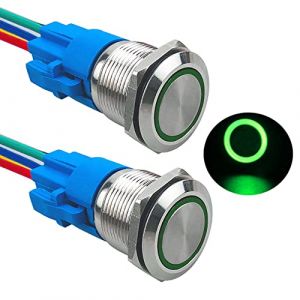 Aiqeer 2 Pièces 19 mm Commutateur Bouton-Poussoir Momentané, 12V / 24V 5A Interrupteur à Bouton-Poussoir en Acier Inoxydable Étanche IP67, avec Prise Pré-Câblée (LED Vert) (Aiqeer-FR, neuf)