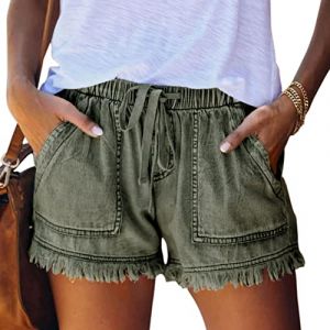 NLAND Short d'Été Décontracté en avec Cordon Et avec Poche pour Femme Short en Jean Décontracté à Franges pour Femme Couleur Unie Short Plage(Armée Verte,S) (WINKINI, neuf)