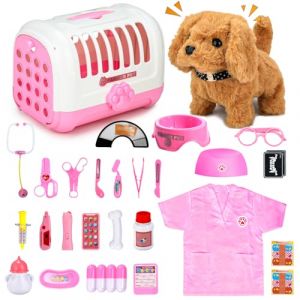 UBeesize Mallette de médecin pour enfant avec jouet électrique qui coure et aboie - Jouet vétérinaire - Cage pour chien - Jeu de rôle interactif pour garçons et filles de 3, 4, 5, 6 ans - Rose (UBeesize EU, neuf)