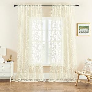 Lot de 2 rideaux cr&egrave;me en dentelle, motif cachemire floral, transparent, filtre la lumi&egrave;re, avec passe-tringle, pour salle &agrave; manger, ivoire, l 132 x L 260 cm (Jiarui's Store, neuf)