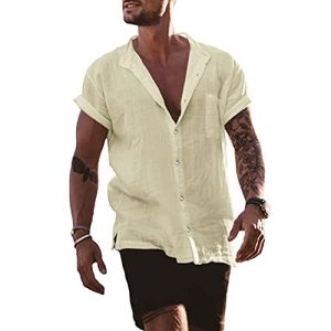 YAOBAOLE Chemise Lin Homme Chemise en Lin Homme Été Chemises Col Mao Hommes Manches Courtes Boutons Chemises Couleur Beige L (YBLfashion, neuf)