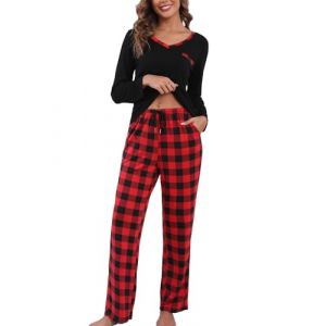 Yukiuiny Pyjama Femme Long Coton Ensemble Vêtement d'Intérieur Tee Shirt Vêtement de Nuit Carreaux Plaid Manches Longues Col V Pantalons de Pyjama Printemps Douce Confortable A-Noir Rouge+Carreaux L (Yukiuiny, neuf)