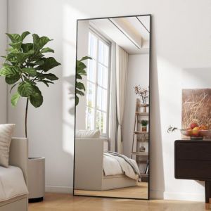 BEAUTYPEAK Miroir pleine longueur incassable 60 x 165 cm, miroir sur pied suspendu ou appuyé contre le mur, grand miroir de sol avec support pour chambre à coucher, salon ou dressing, noir (VOOBANG, neuf)