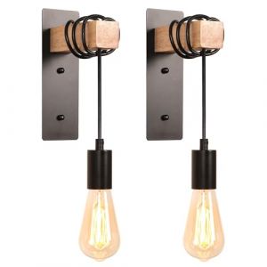 iDEGU Lot de 2 Appliques Murales Intérieures Vintage Lampe Murale en Métal et Bois Industriel Réglable Suspension Luminaire Mural E27 Éclairage Industriel pour Chambre Salon Chambre Restaurant (Noir) (IDEGU, neuf)