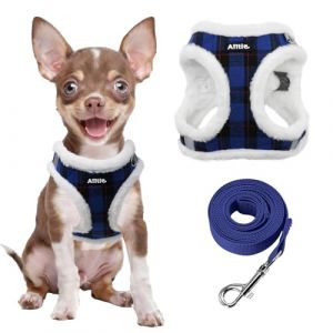 AIITLE Ensemble Harnais et Laisse r&eacute;fl&eacute;chissants en Peluche pour Chien - Motif &agrave; Carreaux, Chaud, Doux, Anti-Traction, r&eacute;glable avec int&eacute;rieur rembourr&eacute; pour Petits Chiens (Bleu, XXS) (Aiitle, neuf)