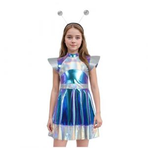 D&eacute;guisement Astronaute Enfant Fille Robe Astronaute Espace Costume Brillant M&eacute;tallique RobeAstronaute Espace et Serre-t&ecirc;te Extraterrestre D&eacute;guisement AstronautesEspace Carnaval #0119A (binglinggy, neuf)