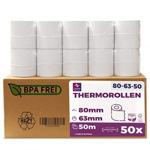 Rouleaux thermiques 80mm x 50m x 12mm – Bobine papier pour caisse enregistreuse avec imprimante de ticket - Rouleau thermique 80x63x12 - Sans BPA (50) (Naruba Media, neuf)