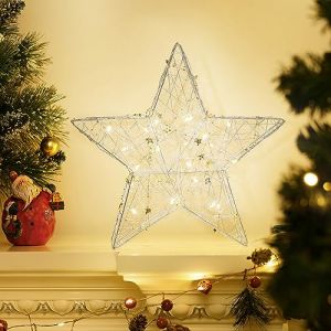 Lewondr Lampe de Table, Lampe de Bureau LED D&eacute;corative en Forme d'&Eacute;toile Creuse, Etoile &agrave; 5 Pointes D&eacute;corative Aliment&eacute;e par Pile pour Noel, Decoration Noel Int&eacute;rieur pour Maison Salon Chambre, Argent (Showmore EU, neuf)
