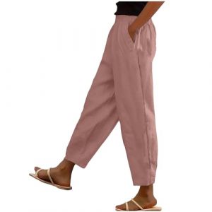 RLEHJN Pantalon Capri en Lin pour Femme Solde 2025 Femme Lin Pantalon &Eacute;t&eacute; Coton Lin Pantalon &Eacute;lastique Taille Pantalon D&eacute;contract&eacute;e Couleur Unie Mode Pants L&eacute;ger Sport Longueur Pants avec Poches (⭐⭐⭐⭐⭐RLEHJN, neuf)