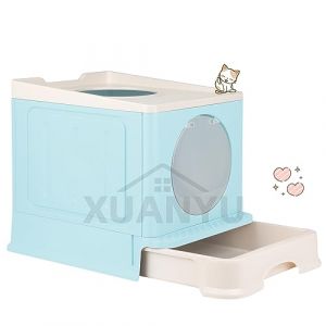 XUANYU Grande Bac à Litière pour Chat Fermée, Grande Maison de Toilette Chat Pliable avec Couvercle, Tiroir à Litière avec Pelle, WC pour Chats, Jusqu'à 7 kg/15 lbs (Bleu L-45×34×39 cm) (XUASHW, neuf)