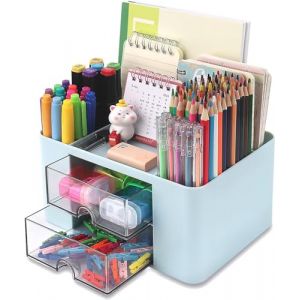 KAHEIGN Organisateur de Bureau avec 2 Tiroirs, 19CM x 14CM Organisateur de Bureau Multifonctionnel Porte-Stylo de Grande Capacit&eacute; Organisateur de Maquillage pour Bureau &Eacute;cole Maison Tableau (Bleu) (KAHEIGN-EU, neuf)