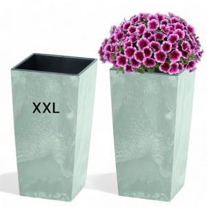 Pot de fleurs avec insert slim haut carr&eacute; design b&eacute;ton (gris, XXL - 62 cm) (MelTom, neuf)