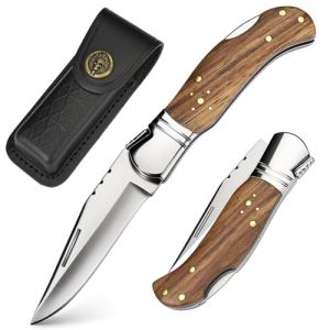 SPITZKANTE Couteau pliant QS1, couteau de poche en acier 440C avec verrouillage Lockback, poign&eacute;e en bois de z&eacute;br&eacute;, gaine en cuir, id&eacute;al pour le camping et les activit&eacute;s en plein air (Shenzhen Chenghuada Technology Co., Ltd., neuf)