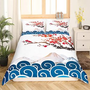 Parure Japonaise Ukiyoe Housse de Couette Hokusai Motif Parure de Lit 140x200cm Style Japonais Fuji Mountain Cherry Housse de Couette Kids Microfiber Room Decor (Bofanshangmao, neuf)