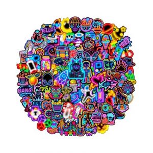 HUVZOR 100 Pièces Stickers Neon Cool, Autocollant Vinyle Impermeable, Stickers pour Skateboard Scrapbooking Portable Valise Telephone MacBook Bouteille Tablette Journal Guitare (Volumetech OU, neuf)