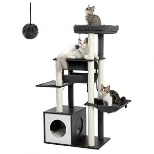 PAWZ Road Arbre à Chat en Bois Design Plateforme Arbre a Chat Moderne avec Tunnel Suspendu 130cm (Noir) (Johnson SY, neuf)