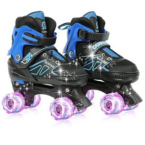Roller Enfant Fille Garcon Adulte Patin a Roulette Fille Rollers Quad avec 8 Roues, Patin a Roulette Enfant 4 Taille R&eacute;glable, Patins &agrave; roulettes &agrave; Double Rang&eacute;e (Bleu Noir, Roues Lumineuses, M) (hlang EU, neuf)
