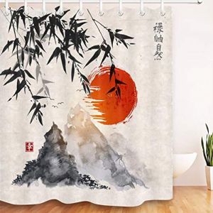 LB Sumi-e Japonais Rideaux de Douche 240X175cm Peinture à l'encre de Chine,Bambou,Montagne,Soleil Rouge Rideaux de Bain avec Crochets,Extra Large Imperméable Polyester Anti Moule Salle de Bain Décor (JinShiZhuan, neuf)