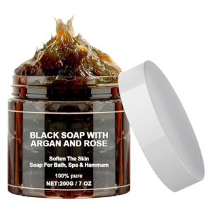 Maroc Gommage au Savon,Savon Exfoliant pour le Corps au Savon Noir,Savon Noir Marocain avec Argan et Rose,Deep Cleansing and Softening Skin,200g,Comprend Gant de Douche Exfoliante (Qinuurod, neuf)