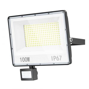 YIQIBRO 100W Projecteur LED Exterieur Detecteur de Mouvement 1 Pièce, 10000LM 7000K Blanc Froid Spot LED Extérieur Detecteur de Mouvement, Eclairage Exterieur avec Détecteur IP67 pour Jardin,Terrasse (MOHUI, neuf)