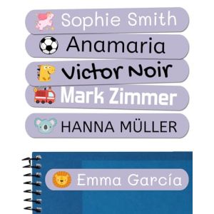50 Étiquettes prénom personnalisées pour enfants. Autocollants pour marquer école, crèche, livres, jouets, tupperware. Étiquettes imperméables 6x1 cm (Haberdashery Online, neuf)