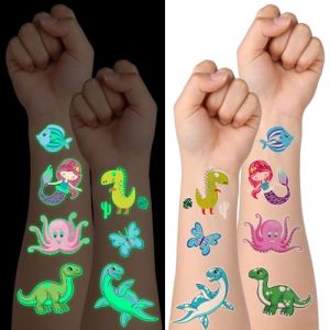 ACWOO Tatouage Temporaire pour Enfant, 30 pcs lumineux Etanche Tatouage Ephémère, fée des fleurs, dinosaure, animal, dinosaure, sirène, océan, Cadea Décoration De Fête Garçon Fille (ACWOO, neuf)